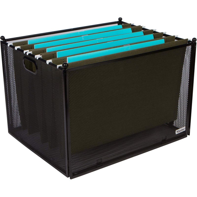 Dasher Products Hanging File Organizer Mesh Box, Supports Letter and Legal-Sized Hanging Folders, Modern Black Metal Mesh File Crate, Collapsible Document Organizer Box for Home or Office Storage - Image 1